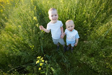Çiçek açan çayır, küçük çocuklar