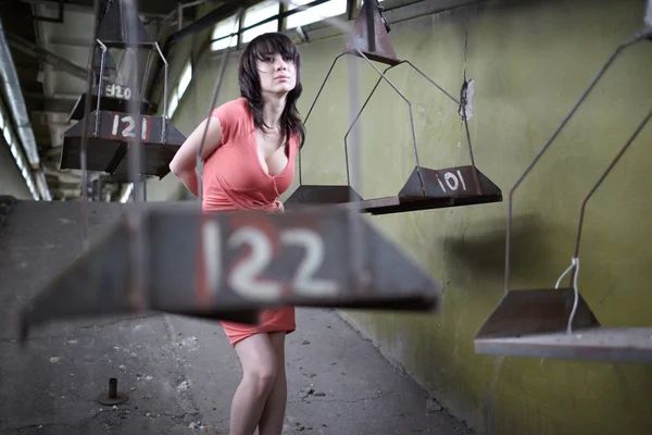 Woman at abandoned factory — Stock Photo, Image