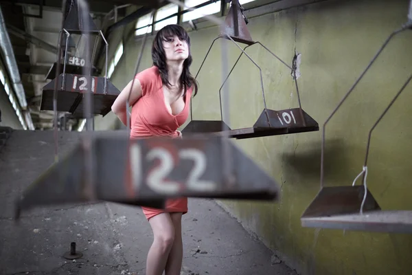 Woman at abandoned factory — Stock Photo, Image
