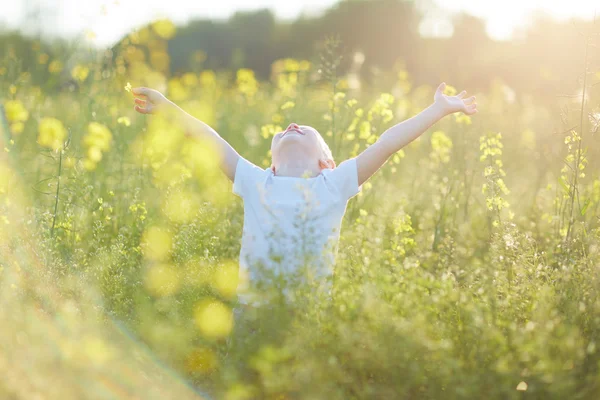 Happy boy v kvetoucí louka — Stock fotografie