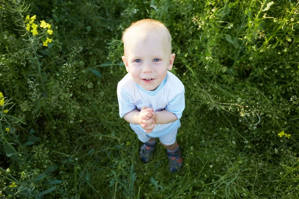 Garçon en fleur prairie d'été — Photo