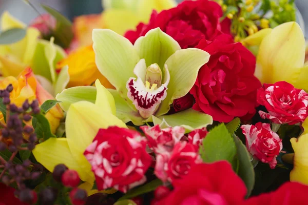 Bouquet de fleurs rouges, jaunes, blanches — Photo