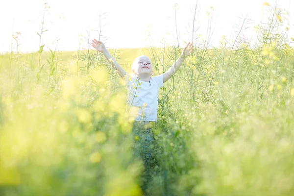 Lycklig pojke i blommande äng — Stockfoto