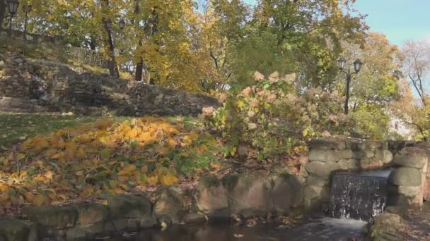 Rustige herfstsfeer van het stadspark Riga Bastejkalns — Stockvideo