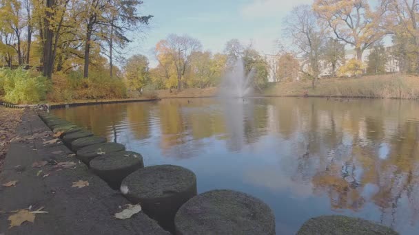 Fontein sproeit waterstraal tussen kalme kanaaloppervlakte in park — Stockvideo