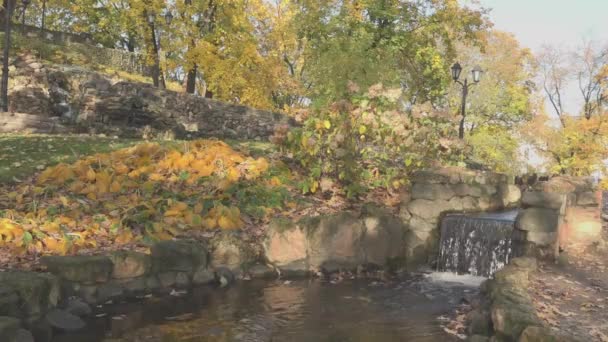 Vrouw laat hond uit in de herfst Bastejkalns park met waterval — Stockvideo