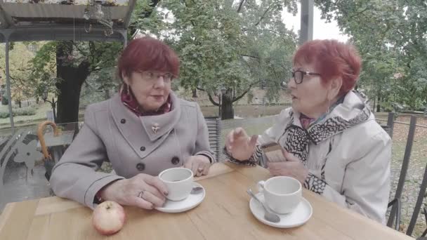 Літні жінки в окулярах зору та осінніх пальто в кафе — стокове відео