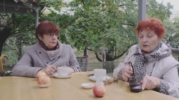 Элегантная женщина на пенсии меняет очки для зрения в кафе — стоковое видео