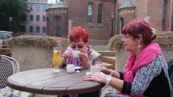 Stijlvolle oudere dames roddelen over koffie drinken aan cafe tafel — Stockvideo