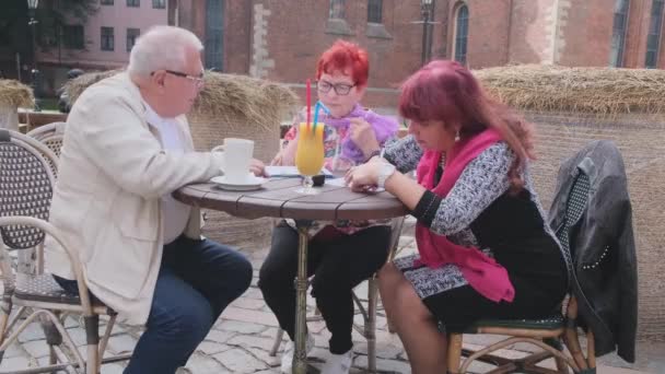 Des femmes et des hommes âgés travaillent avec des documents à table dans un café — Video