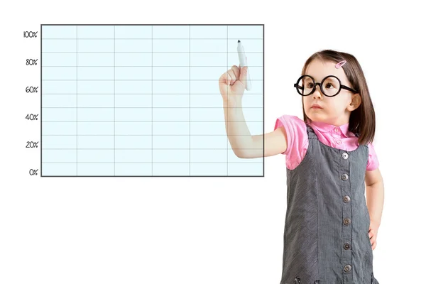 Cute little girl wearing business dress and drawing on empty graph. White background. — Stock Photo, Image