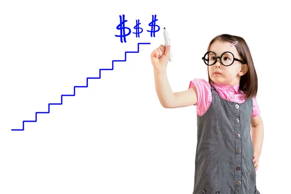 Cute little girl wearing business dress and write stair. White background. — Stock Photo, Image