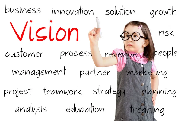 Cute little girl wearing business dress and writing concept of vision. White background. — Stock Photo, Image