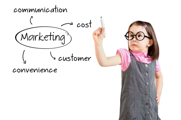 Schattig klein meisje dragen Business jurk en het schrijven van marketing concept-klant, kosten, gemak, communicatie. Witte achtergrond. — Stockfoto