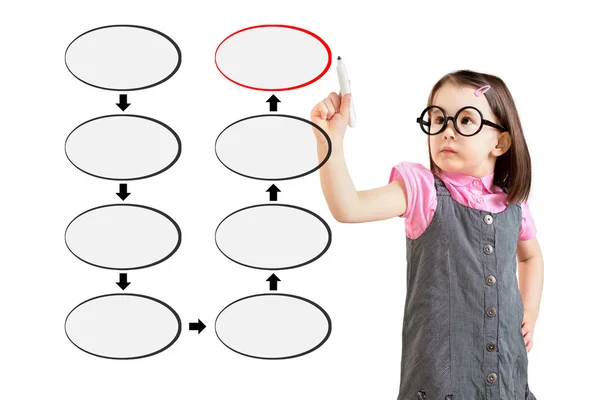 Cute little girl wearing business dress and drawing blank eight stage strategy flowchart. White background. — Stockfoto