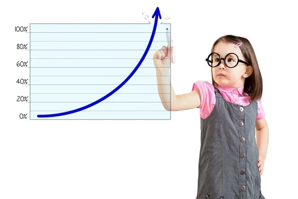 Cute little girl wearing business dress and drawing over target achievement graph. White background. — Stock Photo, Image