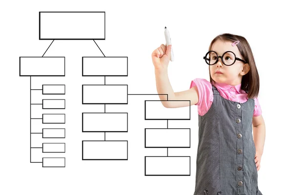 Schattig klein meisje dragen Business jurk en schrijven processtroom diagram diagram op het scherm. Witte achtergrond. — Stockfoto