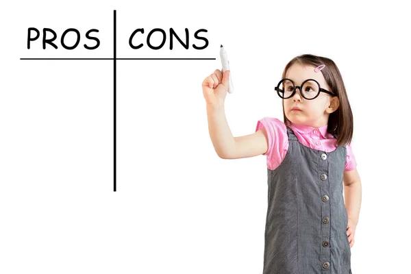 Cute little girl wearing business dress and writing pros and cons comparison concept. White background. Stock Image