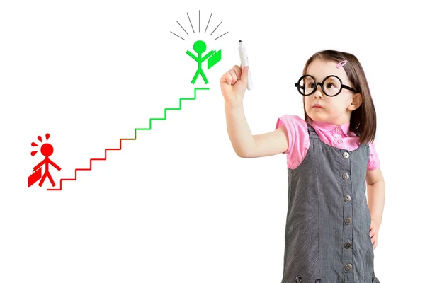 Cute little girl wearing business dress and drawing a career ladder concept. White background. — Stock Photo, Image