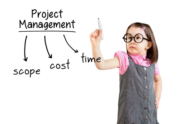 Linda niña con vestido de negocios y escribir concepto de gestión de proyectos. Fondo blanco . — Foto de Stock