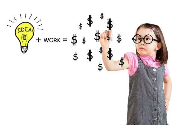 Idea and work can make lots of money equation draw by cute little girl. White background. Stock Photo