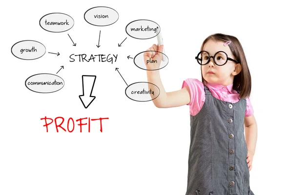 Schattig klein meisje dragen Business jurk en het schrijven van een schema op het whiteboard met ideeën voor een goede strategie om winst te maken. Witte achtergrond. — Stockfoto