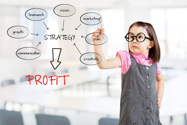 Cute little girl wearing business dress and writing a schema at the whiteboard with ideas for a good strategy to make profit. Office background. — Stock Photo, Image
