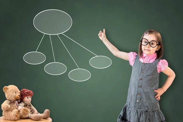 Schattig klein meisje dragen Business jurk en het tonen van een stroomdiagram 2 op groene Chalk Board. — Stockfoto