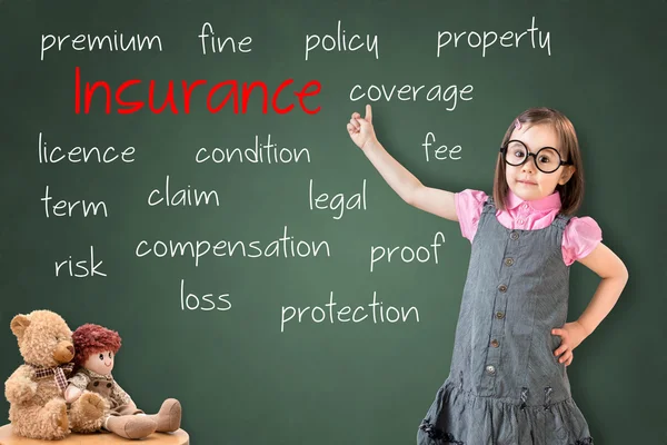 Cute little girl wearing business dress and showing insurance concept on green chalk board.