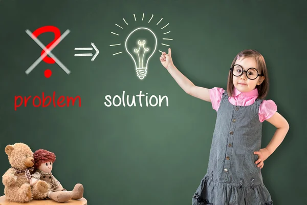 Cute little girl wearing business dress and eliminate problem and find solution on green chalk board. Stock Image