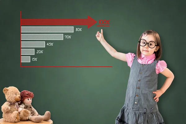 Cute little girl wearing business dress and showing a stock chart on green chalk board. Royalty Free Stock Images