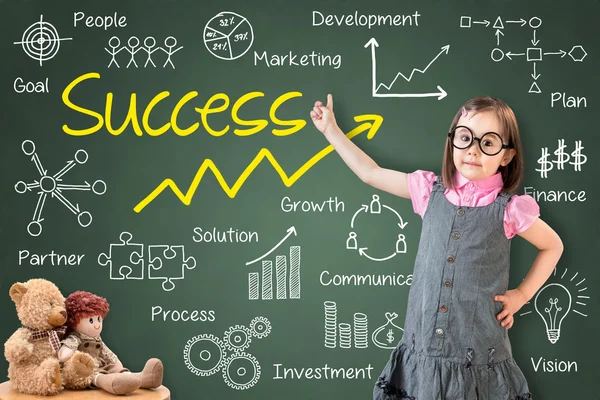 Cute little girl wearing business dress and showing success by many process on green chalk board. — Stock Photo, Image