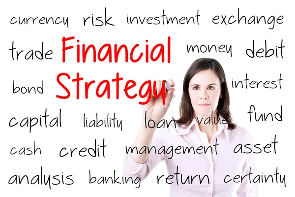 Young business woman writing financial strategy concept. — Stock Photo, Image