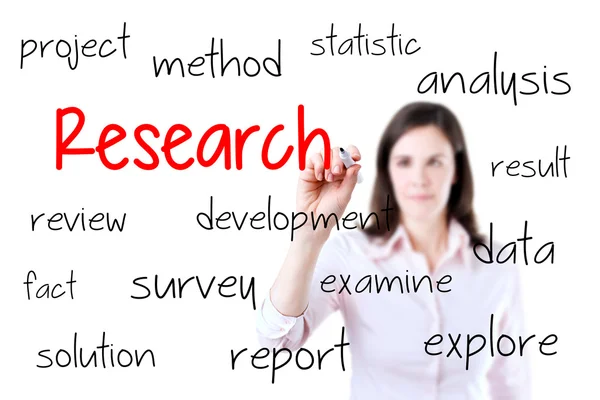 Young business woman writing research concept. — Stock Photo, Image