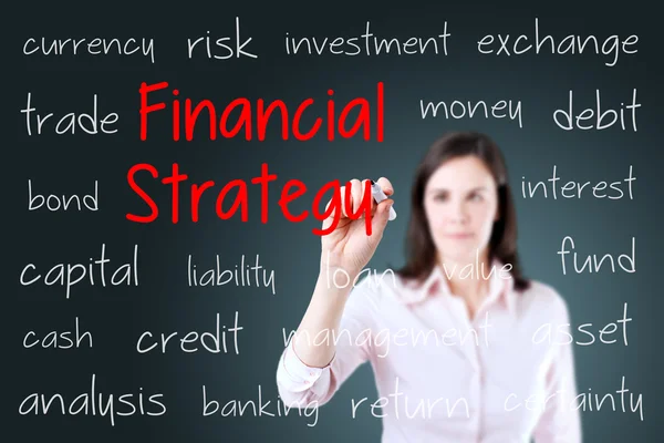 Junge Geschäftsfrau schreibt Finanzstrategie-Konzept. — Stockfoto