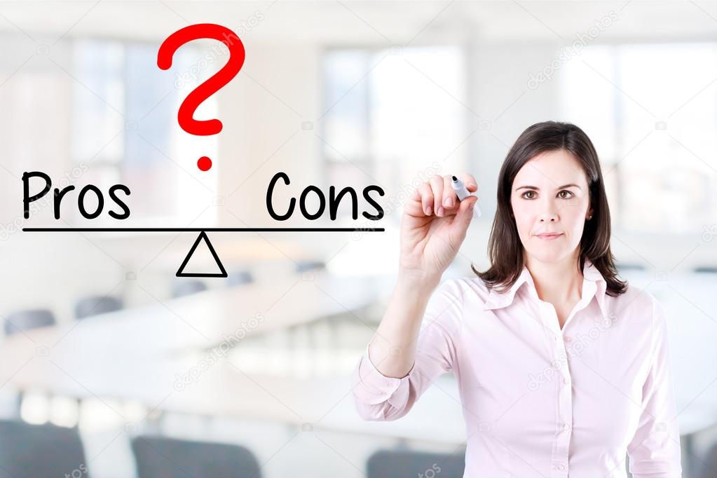 Young business woman writing pros and cons compare on balance bar.
