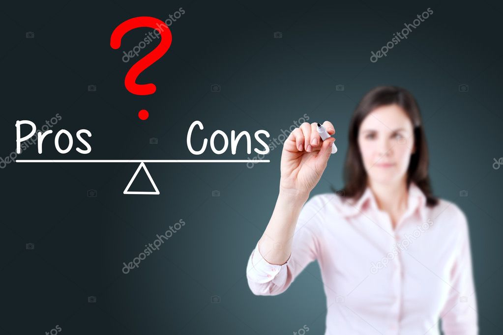 Young business woman writing pros and cons compare on balance bar.