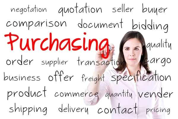 Businesswoman writing purchasing concept. Isolated on white. — Stock Photo, Image