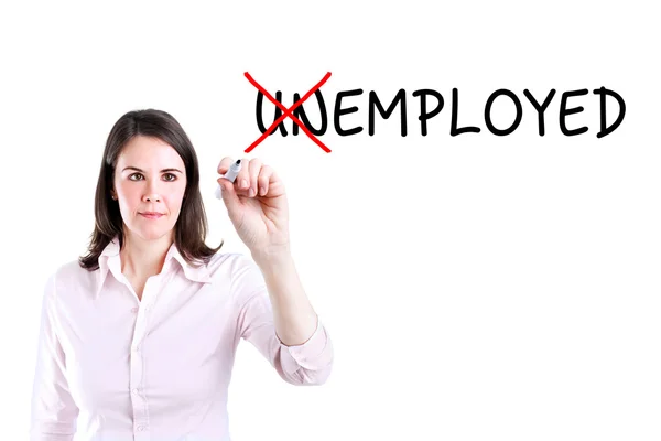 Businesswoman change unemployed to employed. Isolated on white. — Stock Photo, Image