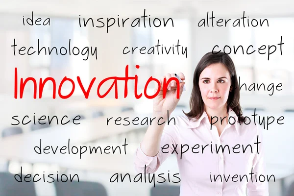 Businesswoman writing innovation concept. Office background. — Stock Photo, Image