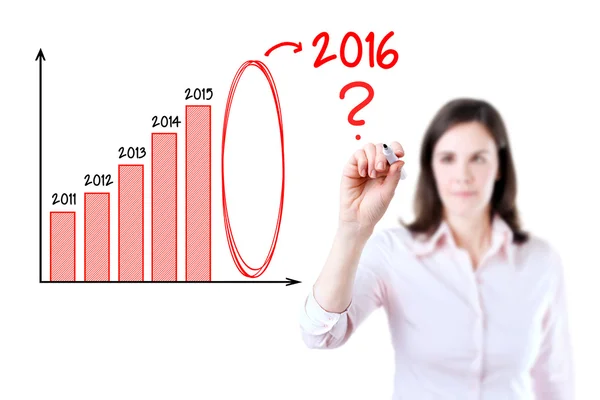 Businesswoman writing question about 2016 on graph. White background. — Stock Photo, Image