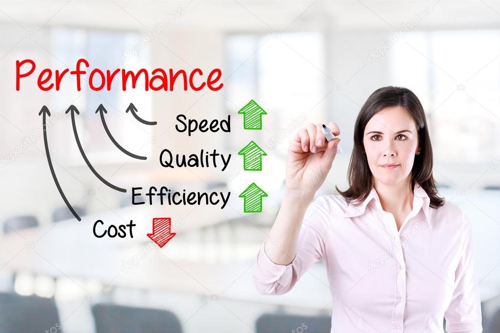 Businesswoman writing performance concept of increase quality speed efficiency and reduce cost. Office background.