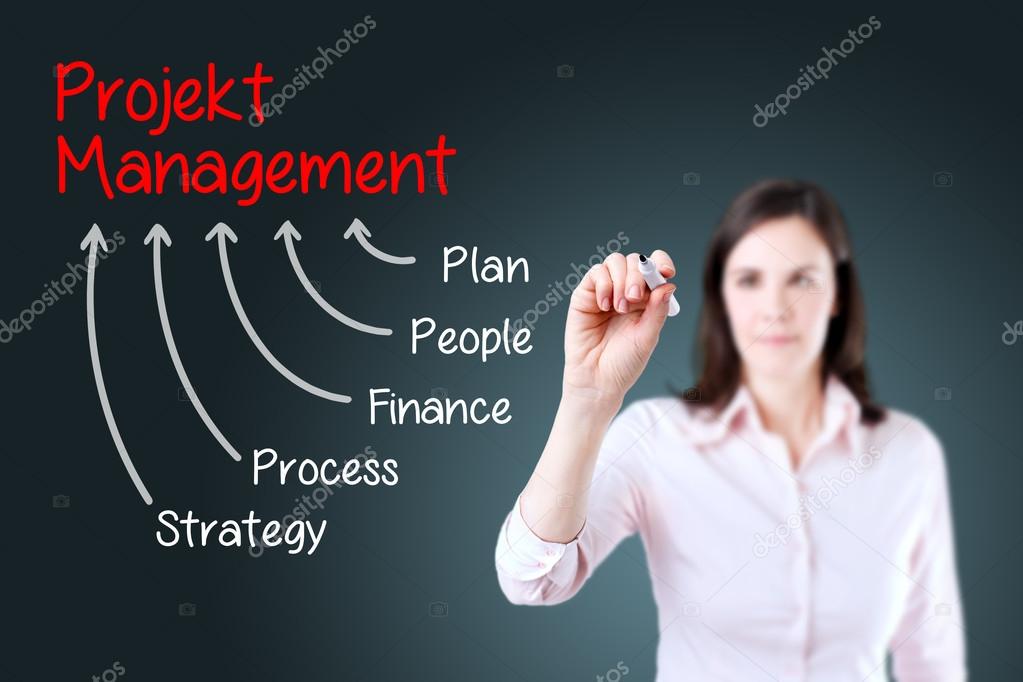 Businesswoman writing project management concept. Blue background.