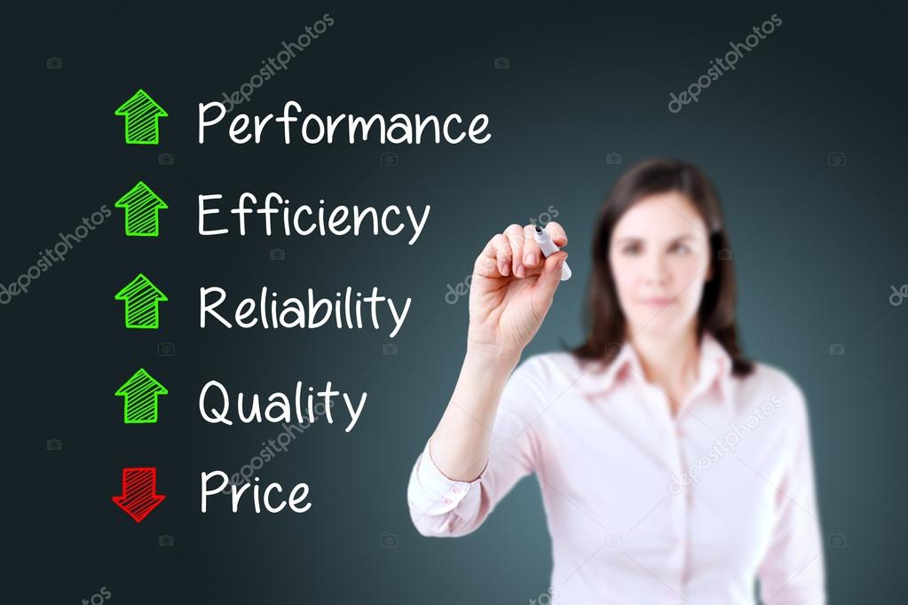 Businesswoman writing decreased price compare with increased quality, reliability, efficiency, performance.  Blue background.