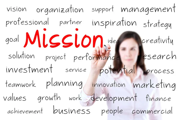 Femme d'affaires écrivant le concept de mission. Fond blanc . — Photo