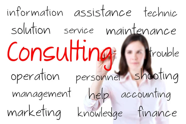 Businesswoman writing consulting concept. White background. — Stock Photo, Image