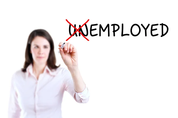 Podnikatelka změnu nezaměstnaných do zaměstnání. Bílé pozadí. — Stock fotografie
