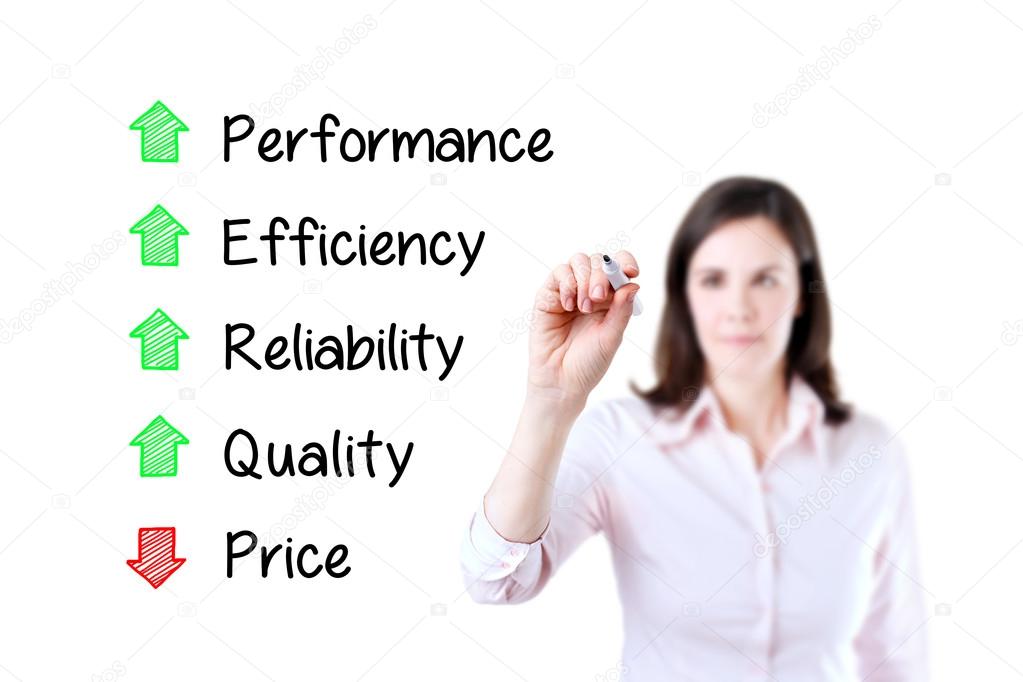 Businesswoman writing decreased price compare with increased quality, reliability, efficiency, performance. White background.
