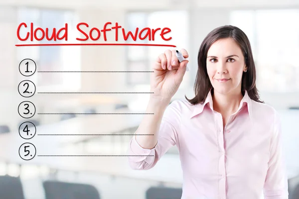 Business woman writing blank Cloud Software list. Office background. — Stock Photo, Image