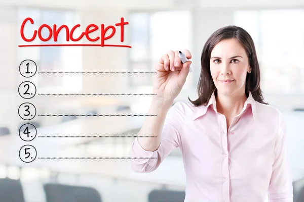 Mujer de negocios escribiendo en blanco Lista de conceptos. Antecedentes . — Foto de Stock